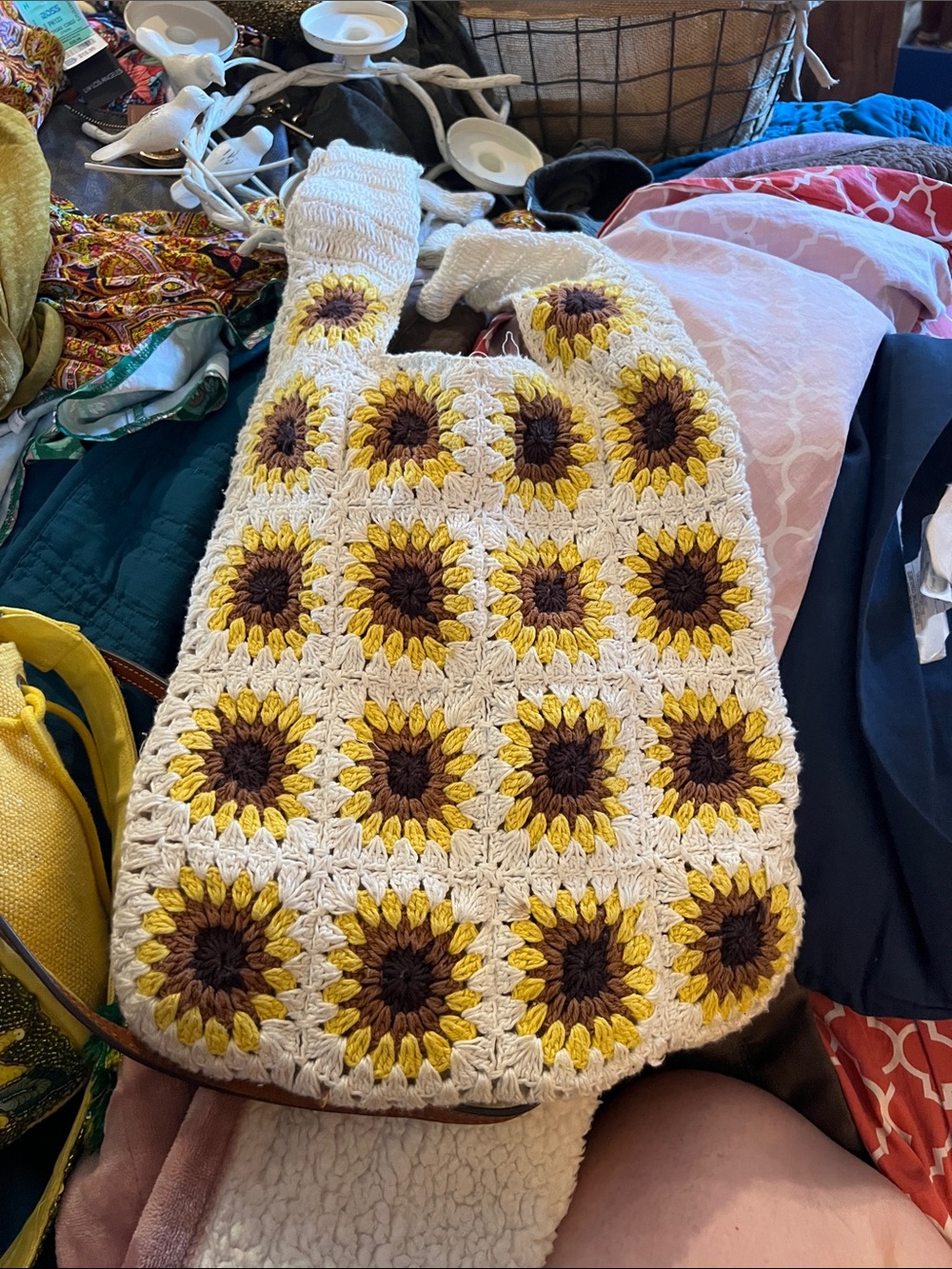 Handmade Crocheted Sunflower Tote Bag - Yellow & Brown